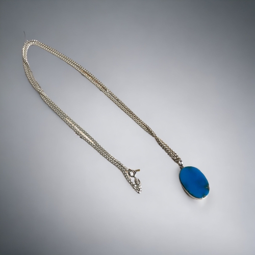 124 - A LADIES STERLING SILVER POLISSHED BLUE STONE CABOCHON PENDANT WITH LONG STERLING SILVER NECKLACE.