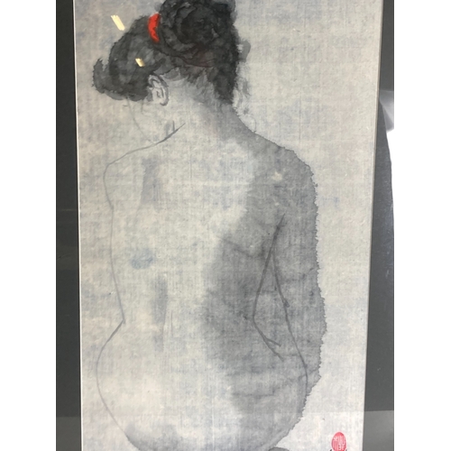 7 - A LARGE VIETNAMESE INK WASH PAINTING OF SEMI NUDE WOMAN. SIGNED TO LOWER RIGHT.
91 X 58CM (INCL FRAM... 