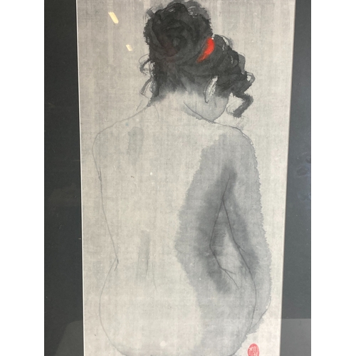 8 - A LARGE VIETNAMESE INK WASH PAINTING OF SEMI NUDE WOMAN. SIGNED TO LOWER RIGHT.
91 X 58CM (INCL FRAM... 