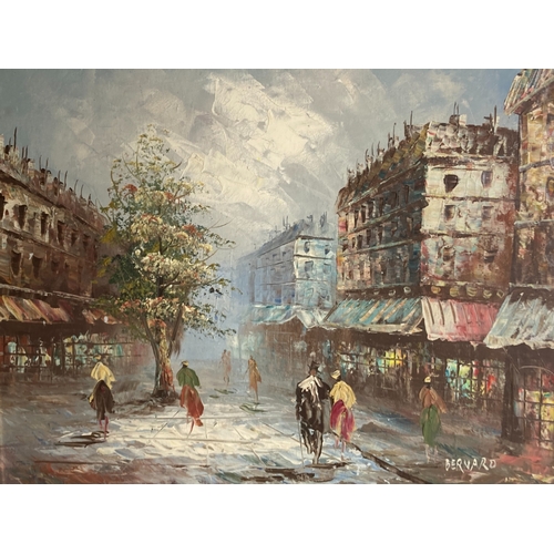 17 - A VINTAGE PARISIAN STREET SCEN OIL ON CANVAS. SIGNED BERNARD.