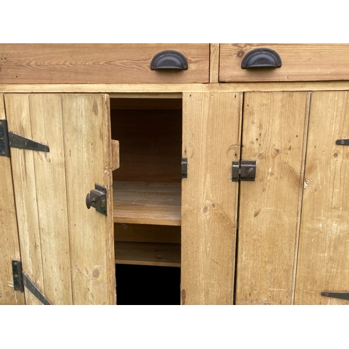 60 - A VICTORIAN DOUBLE DOOR PINE COUNTRY FARMHOUSE SIDEBOARD / DRESSER BASE. TWIN DRAWERS.