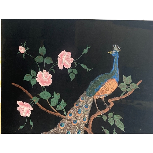 56 - A CHINESE OIL ON SILK PAINTING. DEPICTING A PEACOCK PERCHED AMONGST LARGE BLOSSOMS. 
66 X 66CM