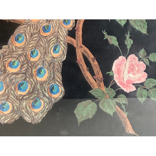 56 - A CHINESE OIL ON SILK PAINTING. DEPICTING A PEACOCK PERCHED AMONGST LARGE BLOSSOMS. 
66 X 66CM