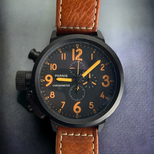 109 - A MILITARY PARNIS CHRONOGRAPH MENS WRISTWATCH.  PO763 / OS10. 
50MM.