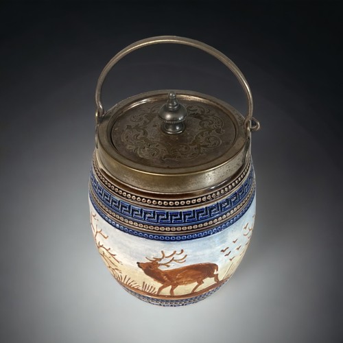 205 - A STONEWARE TOBACCO / BISCUIT BARREL.  INCISED & PAINTED STAG PATTERN.
13CM TALL.