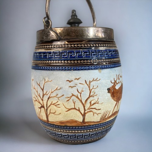 205 - A STONEWARE TOBACCO / BISCUIT BARREL.  INCISED & PAINTED STAG PATTERN.
13CM TALL.