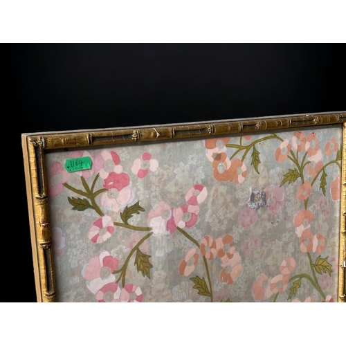 2 - A LARGE GILDED BAMBOO EFFECT FRAME. WITH BIRD & FOLIATE DESIGN FABRIC. 
146 X 45 CM