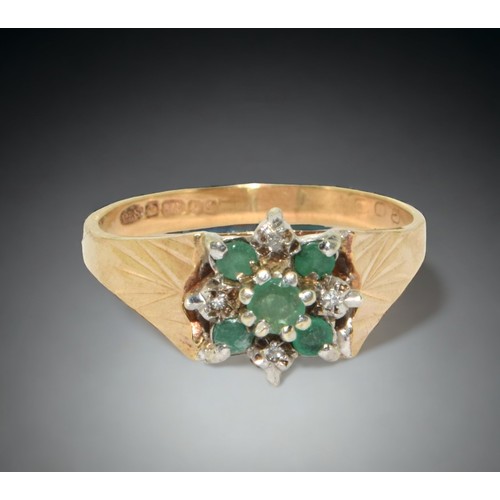 126 - A 9ct Gold and Emerald & Diamond cluster Ring. 
Size O