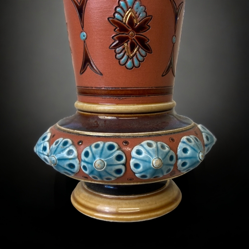 52 - A 19TH CENTURY METTLACH STONEWARE VASE. WITH INCISED & GLAZED DESIGN IN THE MANNER OF DR CHRISTOPHER... 