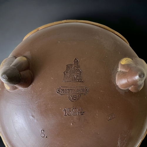 53 - A 19TH CENTURY METTLACH STONEWARE POT. RELIEF DECORATED IN A JAPANESE / DR CHRISTOHPER DRESSER STYLE... 