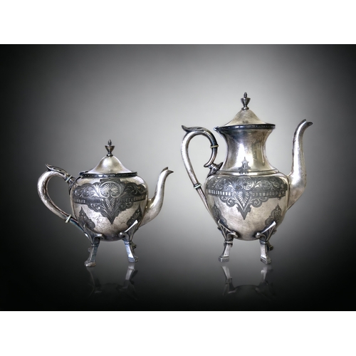 54 - A 19TH CENTURY FIVE PIECE MERIDEN B. COMPANY SILVER PLATE TEA & COFFEE SET. DECORATED WITH ETCHED DR... 