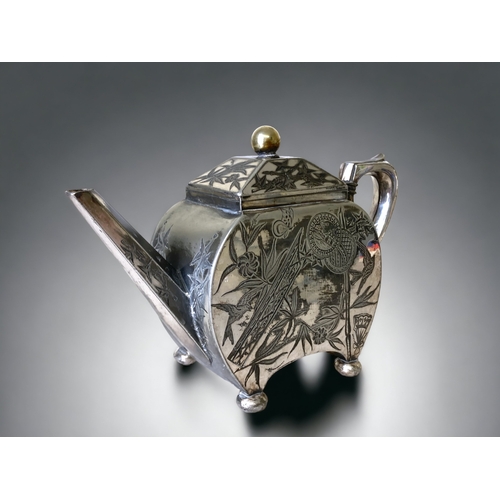 56 - A VICTORIAN SILVERPLATE TEAPOT, BY BOARDMAN & GLOSSOP. DECORATED IN A DR CHRISTOPHER DRESSER / AESTH... 