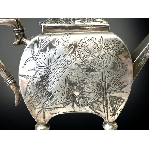 56 - A VICTORIAN SILVERPLATE TEAPOT, BY BOARDMAN & GLOSSOP. DECORATED IN A DR CHRISTOPHER DRESSER / AESTH... 