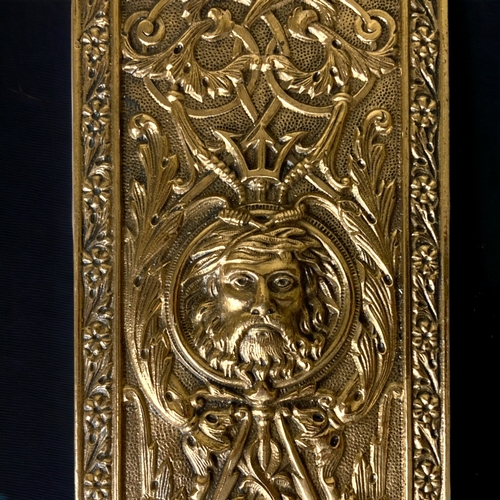 58 - A VICTORIAN GILT BRONZE DOOR FINGER PLATE. 
REGISTRATION LOZENGE TO VERSO. 
28CM TALL.