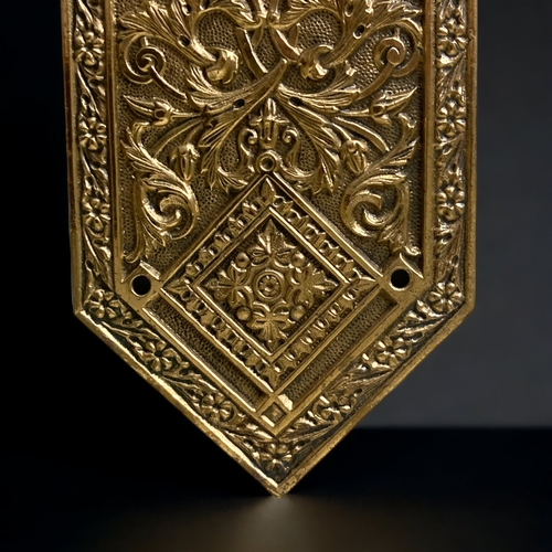 58 - A VICTORIAN GILT BRONZE DOOR FINGER PLATE. 
REGISTRATION LOZENGE TO VERSO. 
28CM TALL.