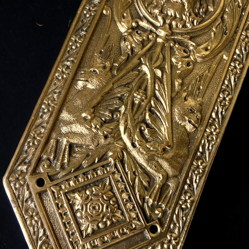 58 - A VICTORIAN GILT BRONZE DOOR FINGER PLATE. 
REGISTRATION LOZENGE TO VERSO. 
28CM TALL.