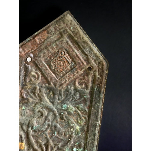 58 - A VICTORIAN GILT BRONZE DOOR FINGER PLATE. 
REGISTRATION LOZENGE TO VERSO. 
28CM TALL.