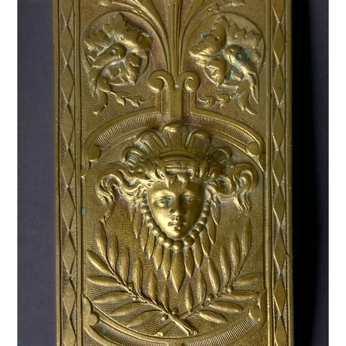 59 - 19TH CENTURY GILT BRONZE DOOR FINGER PLATE. FOUNDRY MARKS TO BASE. 
31CM LONG.