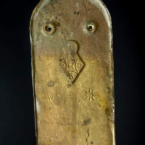 59 - 19TH CENTURY GILT BRONZE DOOR FINGER PLATE. FOUNDRY MARKS TO BASE. 
31CM LONG.