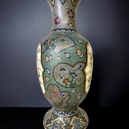 215 - A JAPANESE MEIJI PERIOD TOTAI SHIPPO CLOISONNE ON SATSUMA POTTERY VASE. HAND PAINTED CARTOUCHES DECO... 