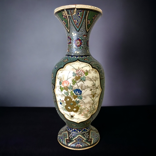 215 - A JAPANESE MEIJI PERIOD TOTAI SHIPPO CLOISONNE ON SATSUMA POTTERY VASE. HAND PAINTED CARTOUCHES DECO... 