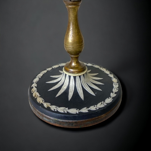 206 - A 19TH CENTURY JASPER WARE & BRASS CANDLESTICK.
24CM TALL.