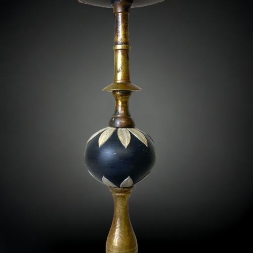 206 - A 19TH CENTURY JASPER WARE & BRASS CANDLESTICK.
24CM TALL.