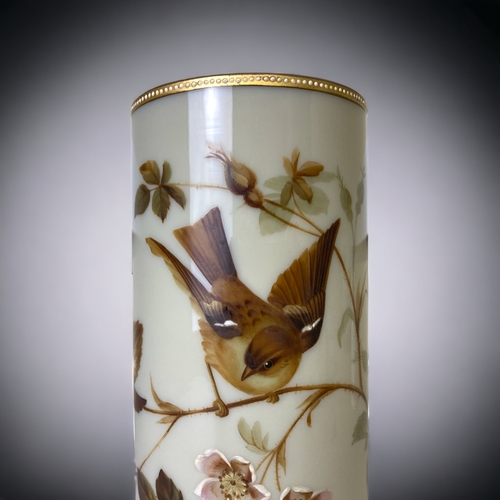 66 - A VICTORIAN OPALESCENT GLASS VASE. POSSIBLY BRISTOL GLASS. HAND-PAINTED BIRD & FOLIATE DESIGN. RAISE... 