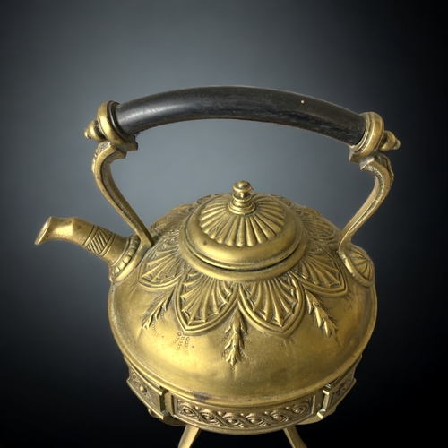 75 - A DR CHRISTOPHER DRESSER BRASS SPIRIT KETTLE. 
BY BENHAM & FROUD, C1890.