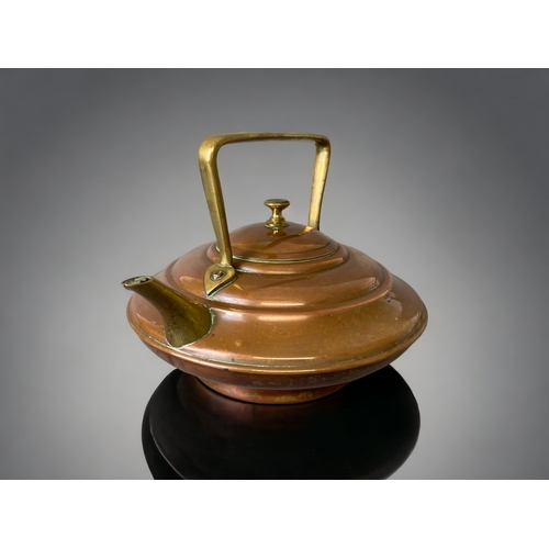 77 - A VICTORIAN DR CHRISTOPHER DRESS COPPER & BRASS TEAPOT. 
BY BENHAM & FROUD.
15 X 22CM