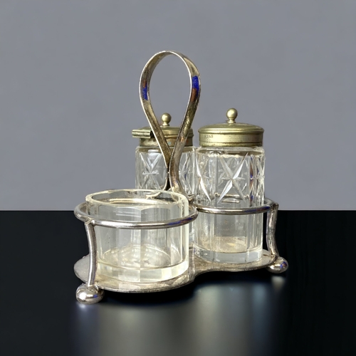 87 - TWO DRESSER STYLE SILVER PLATE CONDIMENT SETS.