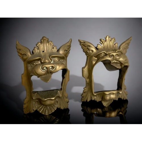 176 - A LARGE PAIR OF VICTORIAN GOTHIC CAST BRASS DOOR MASKS. 
36CM TALL.