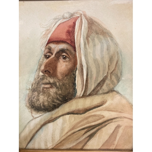 11 - A 19TH CENTURY ORIENTALIST WATERCOLOUR PAINTING, DEPICTING A PORTRAIT OF AN ARAB MAN. IN GILT FRAME.... 