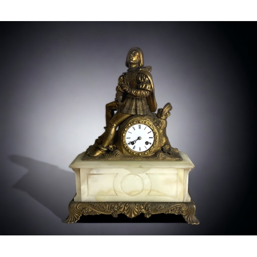 255 - A 19TH CENTURY GILT METAL & ALABASTER MANTLE CLOCK. MOUNTED WITH WILLIAM SHAKESPEARE. FRENCH MOVEMEN... 