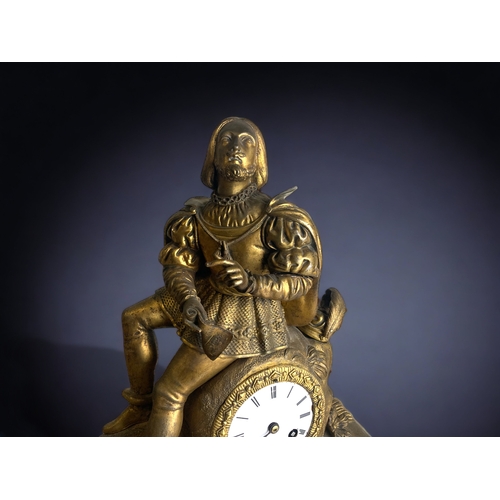 255 - A 19TH CENTURY GILT METAL & ALABASTER MANTLE CLOCK. MOUNTED WITH WILLIAM SHAKESPEARE. FRENCH MOVEMEN... 