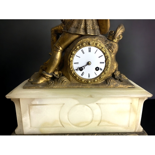 255 - A 19TH CENTURY GILT METAL & ALABASTER MANTLE CLOCK. MOUNTED WITH WILLIAM SHAKESPEARE. FRENCH MOVEMEN... 