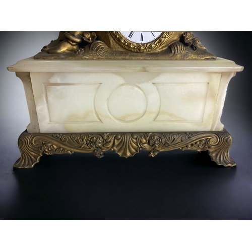 255 - A 19TH CENTURY GILT METAL & ALABASTER MANTLE CLOCK. MOUNTED WITH WILLIAM SHAKESPEARE. FRENCH MOVEMEN... 