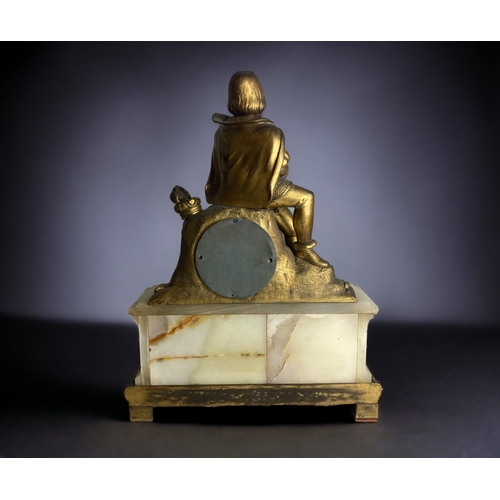 255 - A 19TH CENTURY GILT METAL & ALABASTER MANTLE CLOCK. MOUNTED WITH WILLIAM SHAKESPEARE. FRENCH MOVEMEN... 