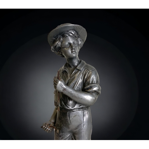 182 - AN EARLY 20TH CENTURY SPELTER 'FARM BOY' FIGURE. ON WOODEN BASE. 
32CM TALL.