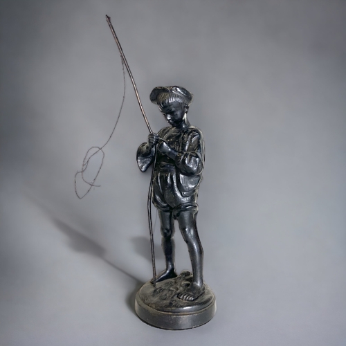 183 - A RUSSIAN CAST IRON KASLI FACTORY FIGURE OF A YOUNG BOY FISHING. MARKS TO BASE.
35CM TALL.