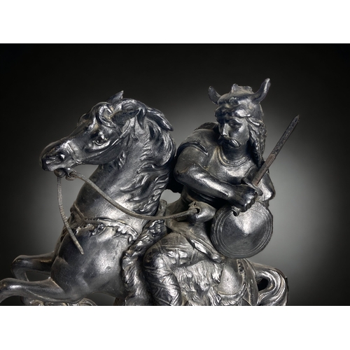 177 - A LARGE PAIR OF VICTORIAN SPELTER FIGURES, DEPICTING VIKING WARRIORS ON HORSEBACK.
43CM TALL