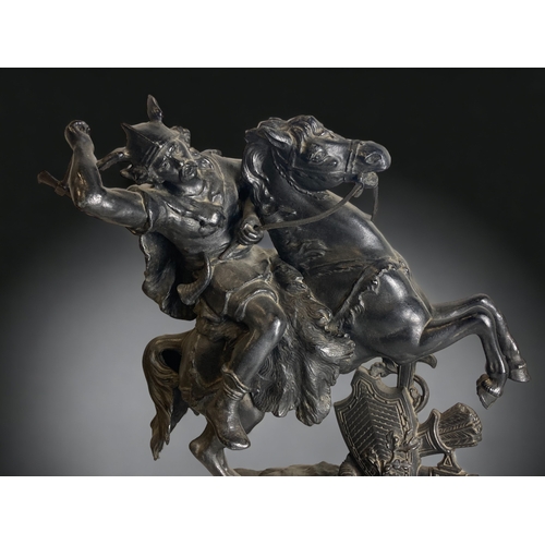 177 - A LARGE PAIR OF VICTORIAN SPELTER FIGURES, DEPICTING VIKING WARRIORS ON HORSEBACK.
43CM TALL