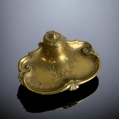 178 - A FRENCH ART NOUVEAU BRASS INKWELL STAND. 16 X 13 X 4.5 CM