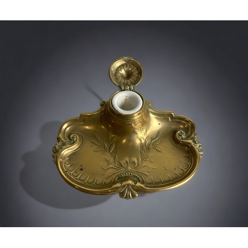 178 - A FRENCH ART NOUVEAU BRASS INKWELL STAND. 16 X 13 X 4.5 CM