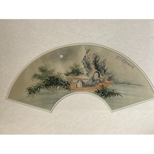 12 - A LARGE CHINESE WATERCOLOUR ON SILK.
FAN SHAPED.
SIGNED.
78 X 58CM