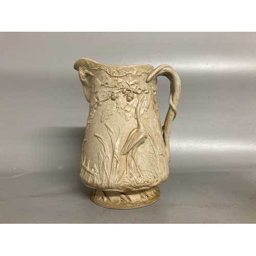 221 - A 19TH CENTURY RIDGWAY RELIEF DECORATED JUG. TOGTHER WITH A MAJOLICA CORN HARVEST JUG, WITH PEWTER L... 