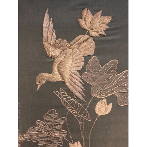 236 - A JAPANESE MEIJI PERIOD GOLD THREAD ON SILK FOUR PANEL SCREEN ROOM DIVIDER PANELS.