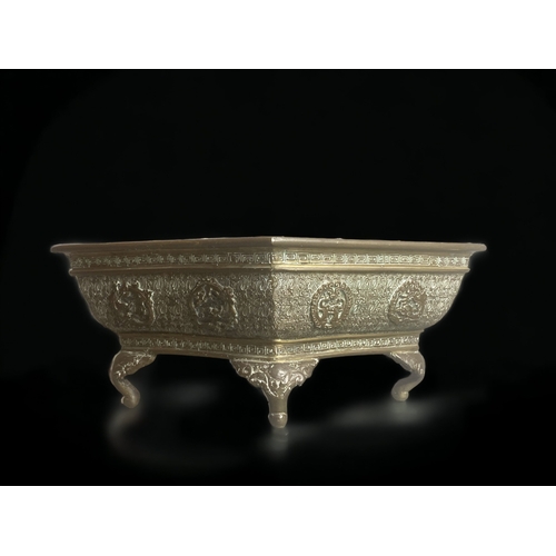 237 - A CHINESE BRONZE BONSAI PLANTER.
SCARCE SHAPE, STYLISED PATTERN WITH RELIEF DRAGON MEDALLIONS. 
SIGN... 