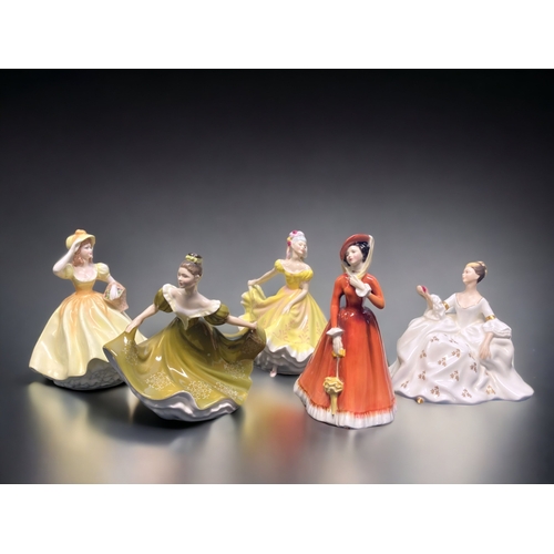 245 - A COLLECTION OF FOUR ROYAL DOULTON 'PEGGY DAVIS' CHINA FIGURINES, TOGETHER WITH ONE COALPORT EXAMPLE... 