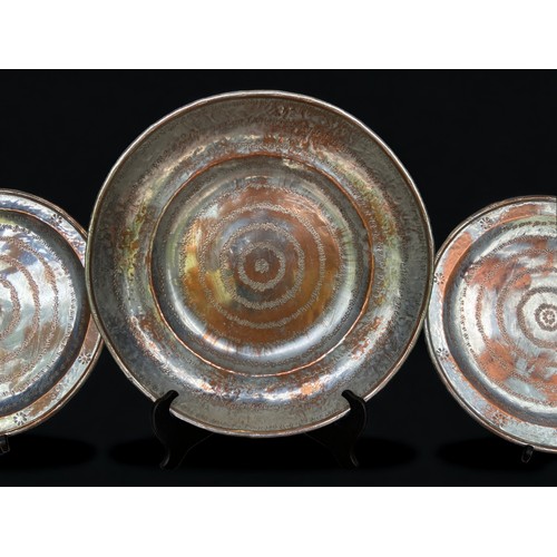 180 - A COLLECTION OF ALLA MONDA TINNED COPPER DISHES AND COASTERS.
large dish 36cm diameter, 
six dishes ... 